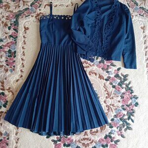 Vintage 1950s/1960s Handmade Navy Pleated Dress + Matching Jacket